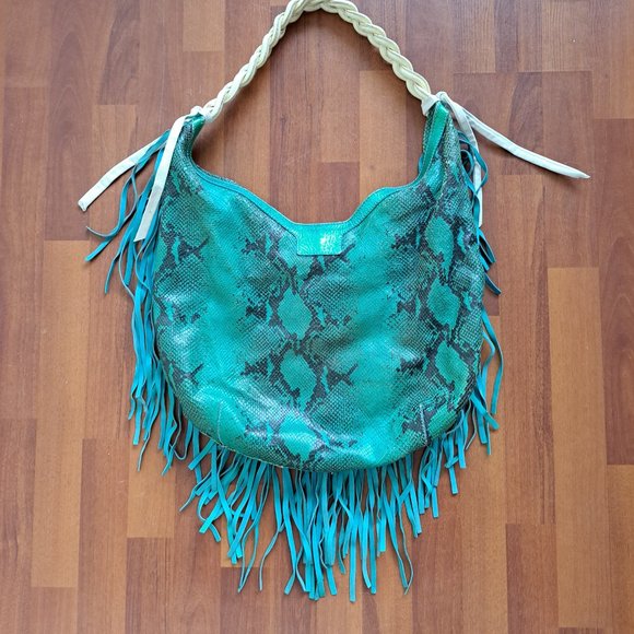 Just Cavalli Women's Python Snake Leather Green/Blue Shoulder Bag - Picture 3 of 16